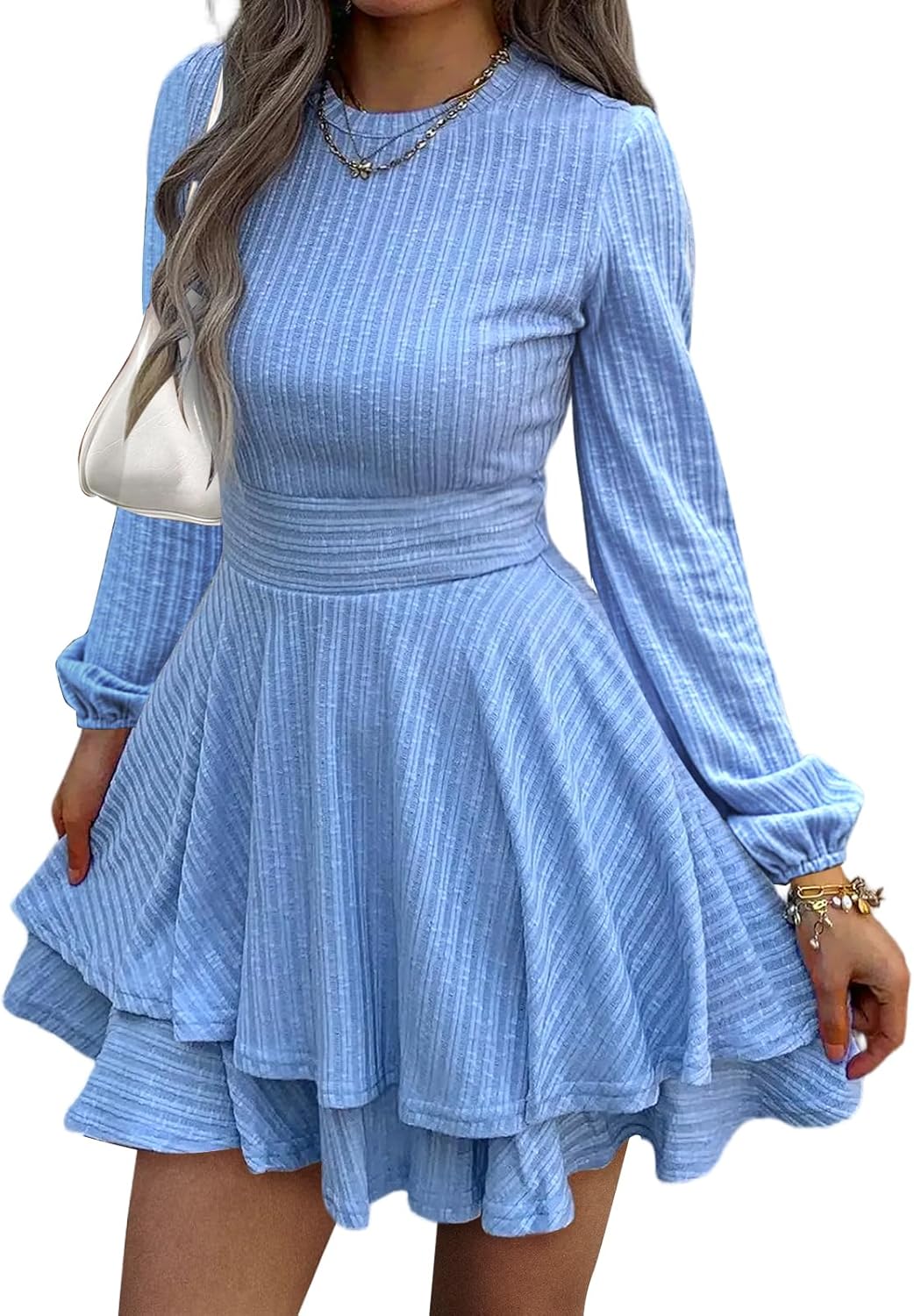 Womens Long Sleeve Knit Dress with Lantern Sleeves and Ruffles