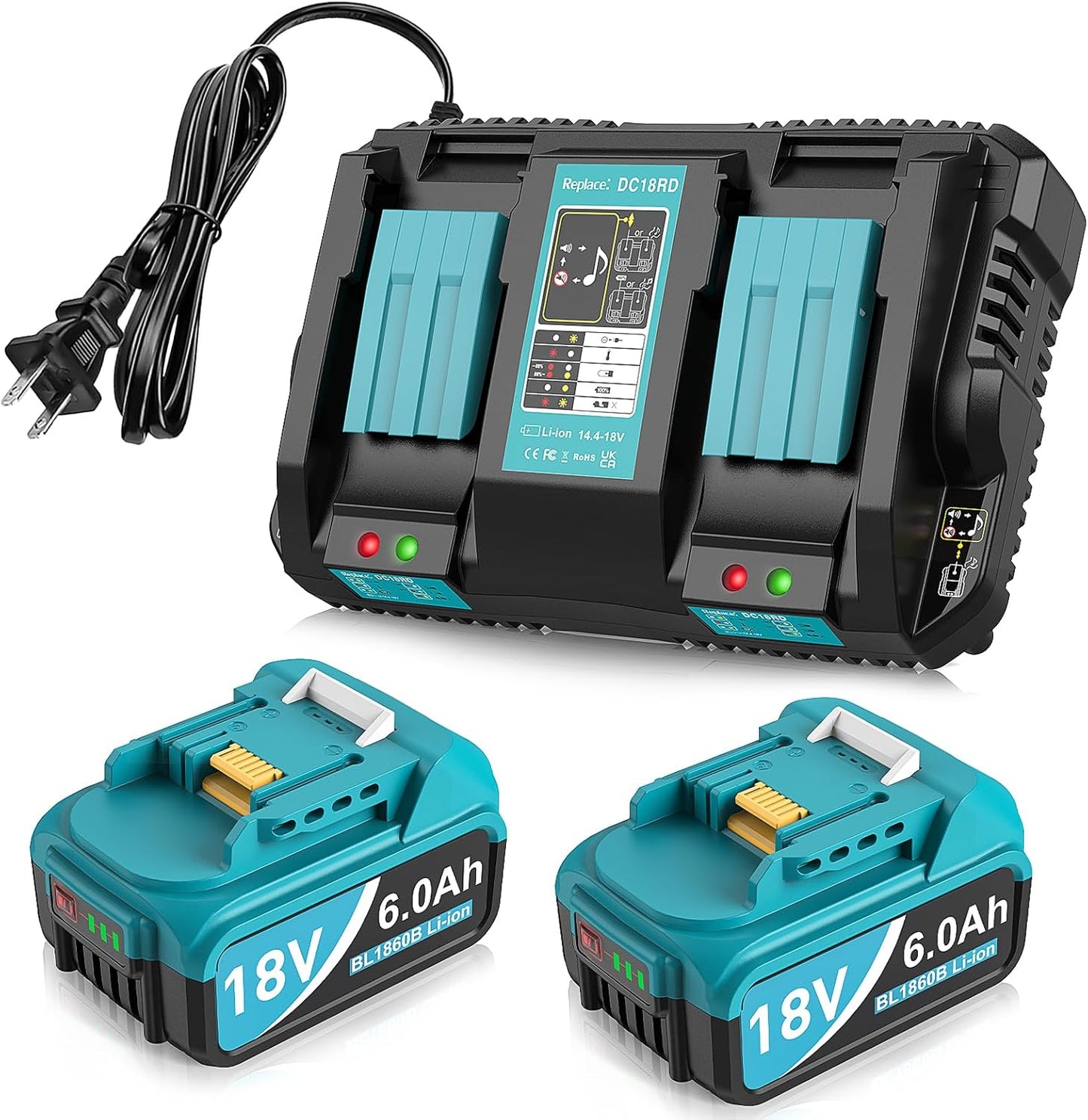 2Packs 6.0Ah Replacement for Makita Battery 18V with Charger