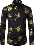 ZEROYAA Mens Hipster 3D Golden Rose Floral Slim Fit Button Down Shirt