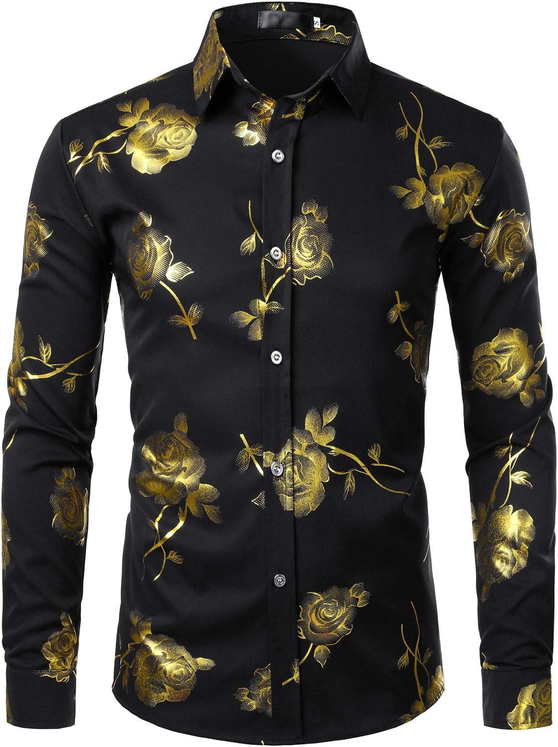 ZEROYAA Mens Hipster 3D Golden Rose Floral Printed Dress Shirt