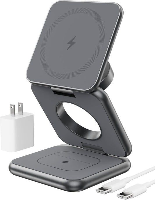Fast Mag-Safe Charger Stand for iPhone Series, 3-in-1 Foldable Magnetic Wireless