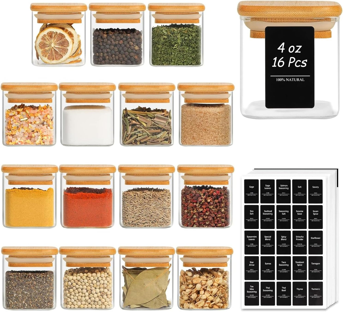 16Pcs Glass Spice Jars with Bamboo Lid for Organized Storage