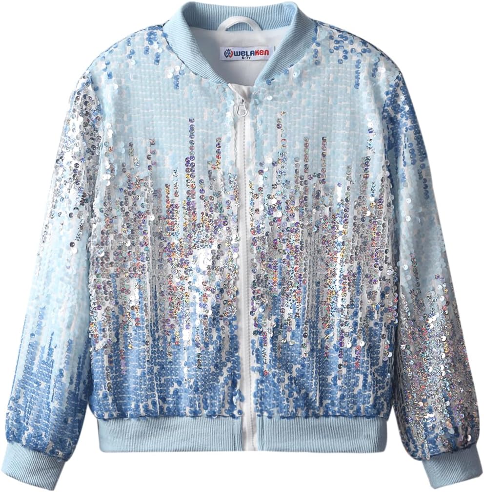 Girls' Ombre Sequin Bomber Jacket with Pockets for Kids