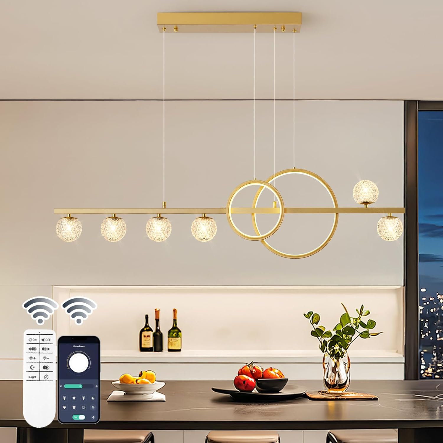 Modern Gold Chandeliers for Dining Room with Dimmable LED Light