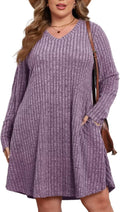 Plus Size Sweater Dress V Neck Long Sleeve - Cozy Knee Length