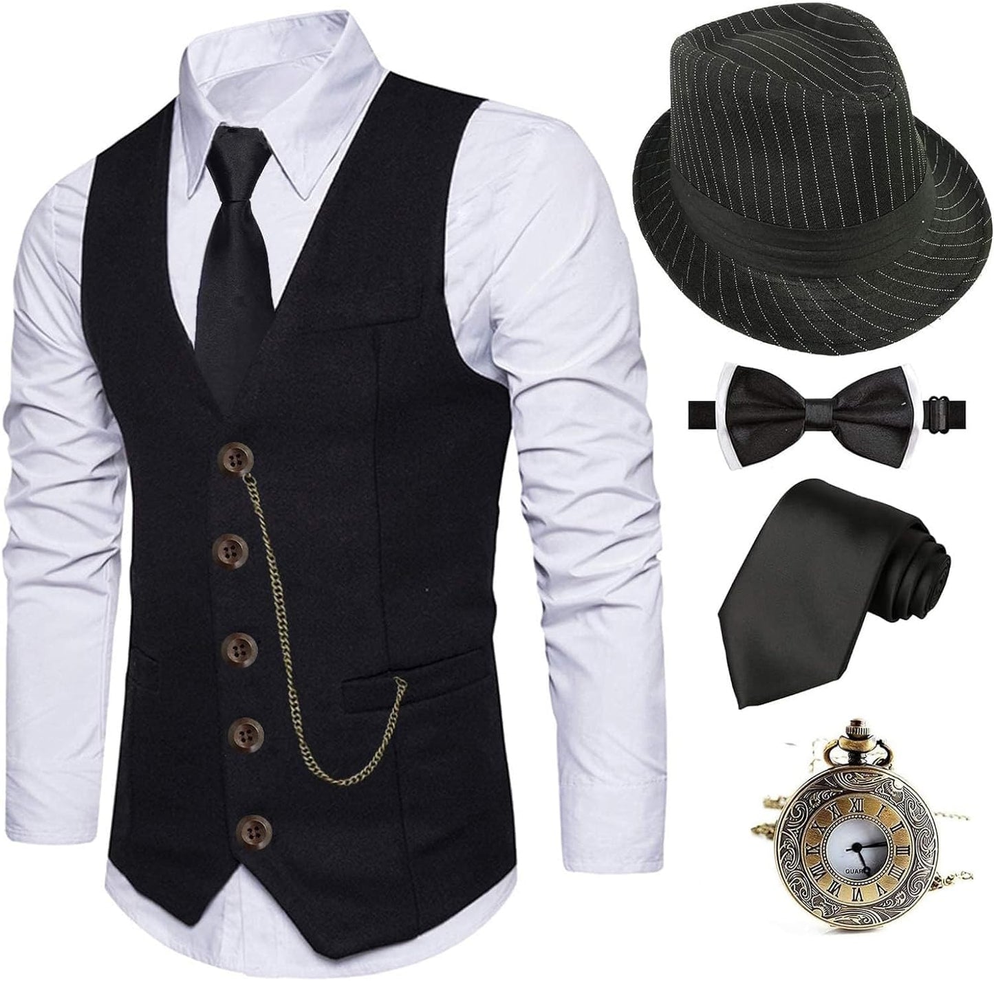 1920s Mens Costume Fedora Hat and Vintage Gangster Accessories Set