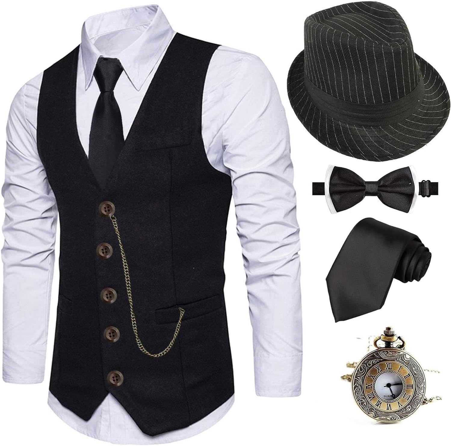 1920s Mens Costume Fedora Hat and Vintage Gangster Accessories Set