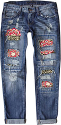 Astylish Plaid Patch Ripped Boyfriend Distressed Stretch (Style 1F1L)