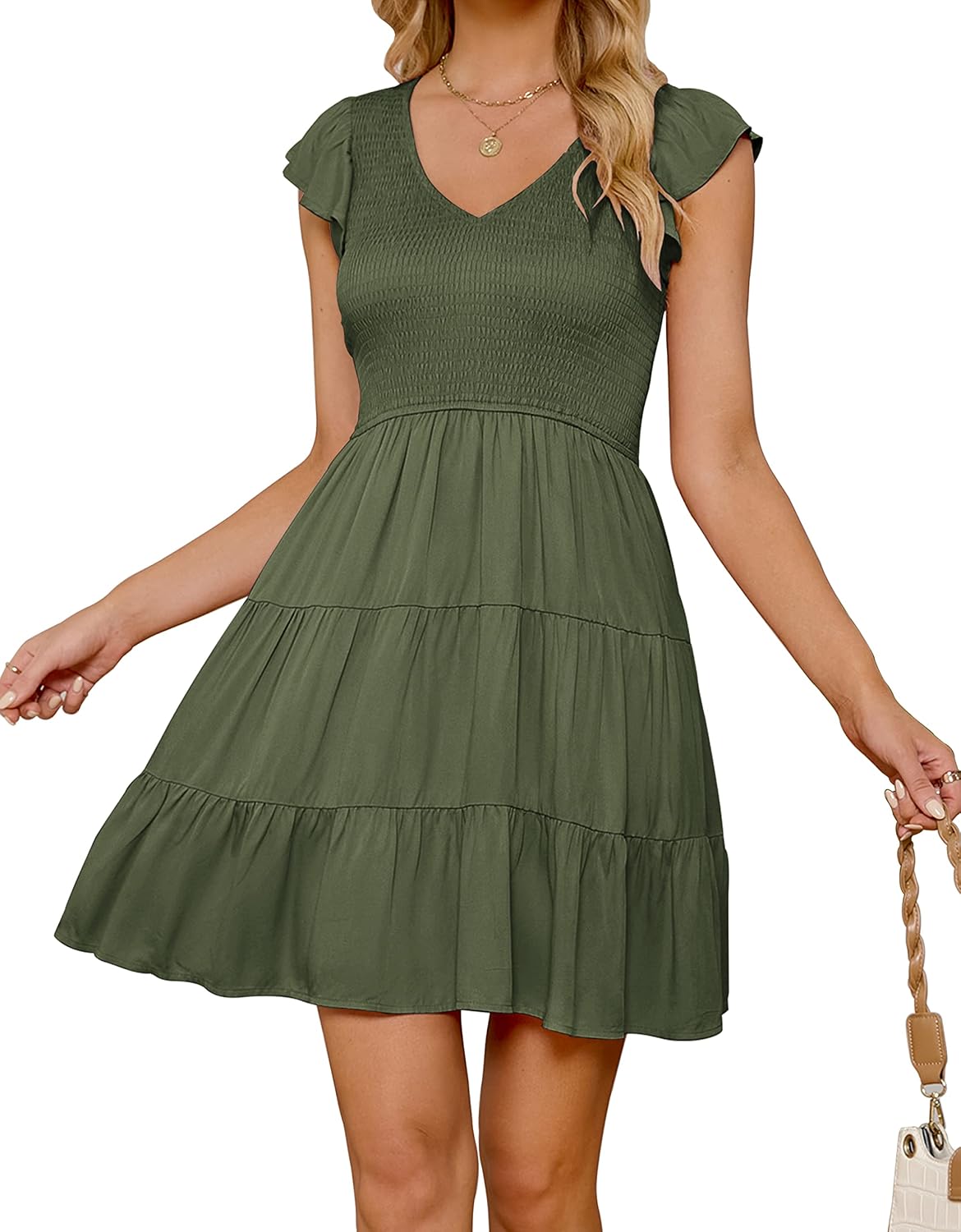 ZESICA Women's Summer Casual V Neck Flutter Sleeve Mini Dress