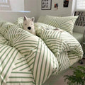 Cotton Duvet Cover Set Queen Green Stripes Geometric Bedding
