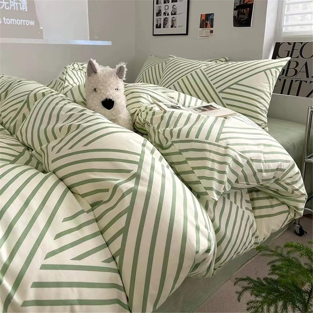 VM VOUGEMARKET Cotton Duvet Cover Set Queen in Green Stripes