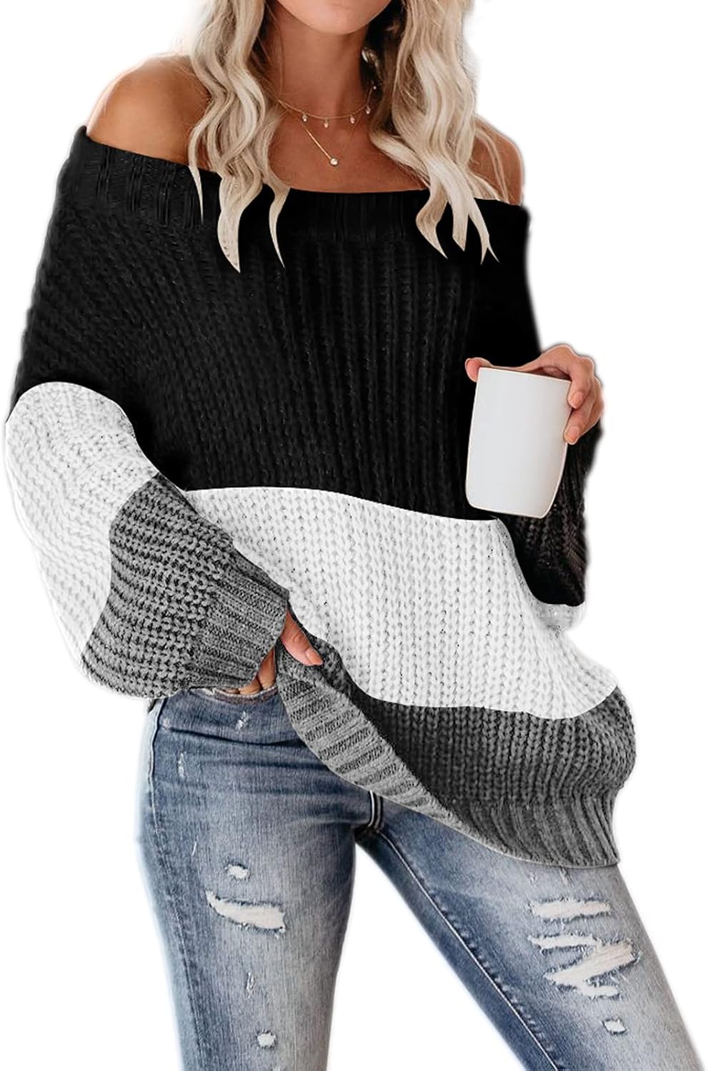VIMPUNEC Womens Oversized Sweater Color Block Off The Shoulder
