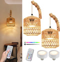 Battery Operated Wall Sconce Set of Two - Wireless Rattan RGB Lights