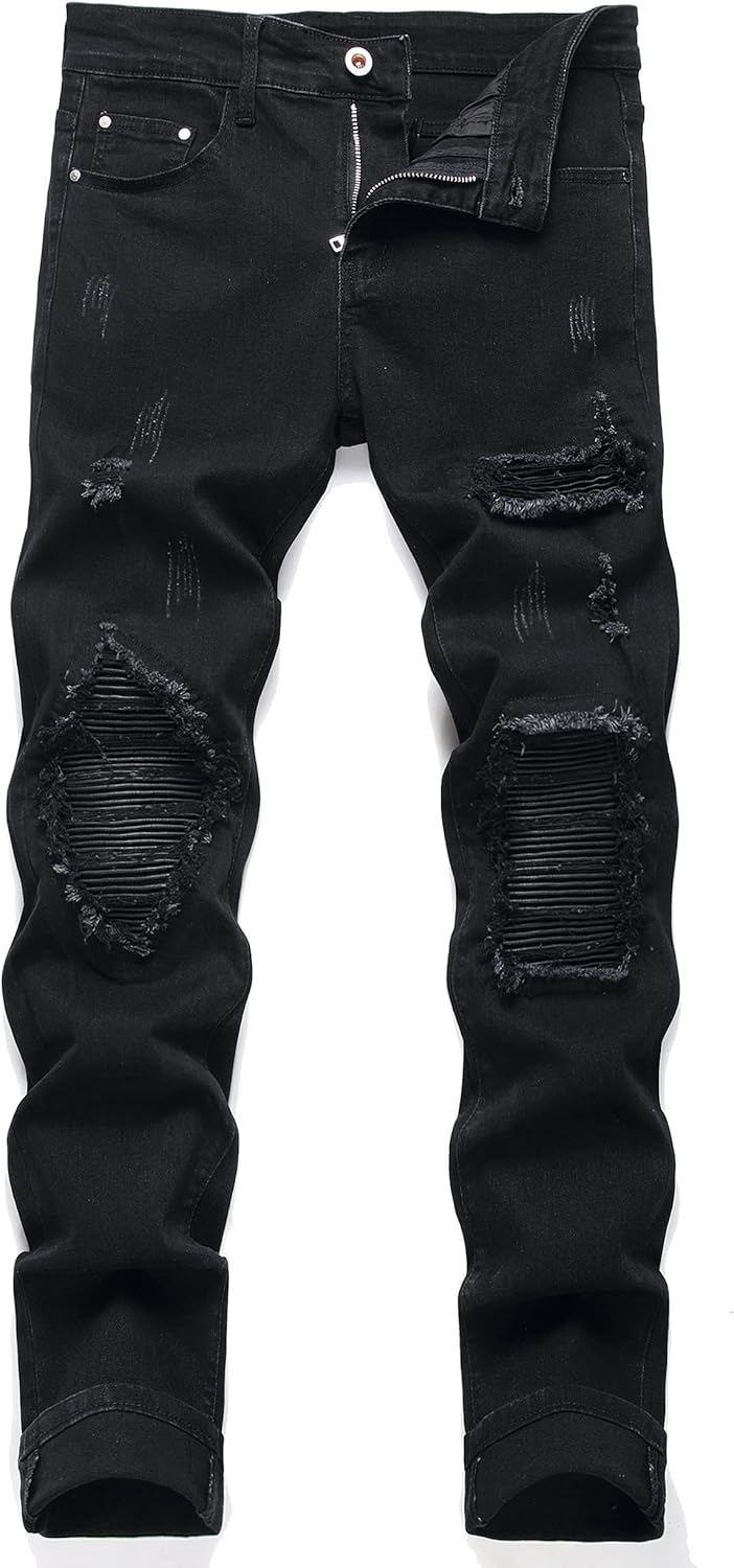OIIIO Men's Patch Ripped Stretch Regular Fit Jean for Comfort