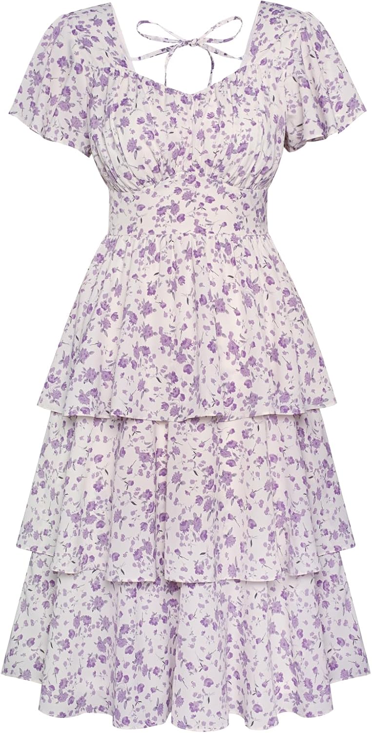 Belle Poque Women's Square Neck Tiered Ruffle Dress for Summer