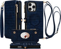 Crossbody Wallet Case for iPhone 16 Pro Max Women - Navy Blue PU