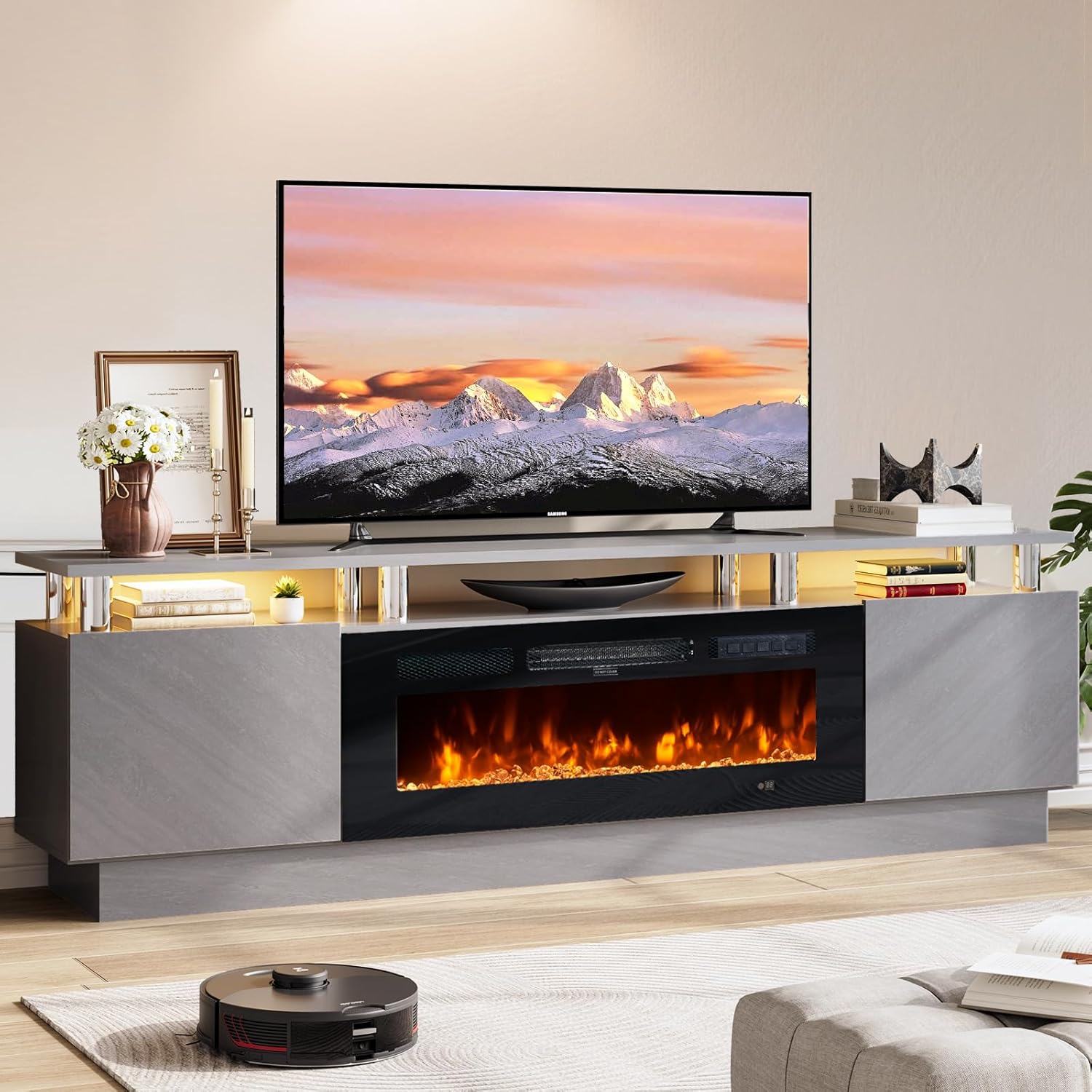 70 Inch TV Stand with Electric Fireplace for Modern Living Rooms