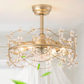 20 Inch Gold Caged Ceiling Fan with Light - Flower Chandelier