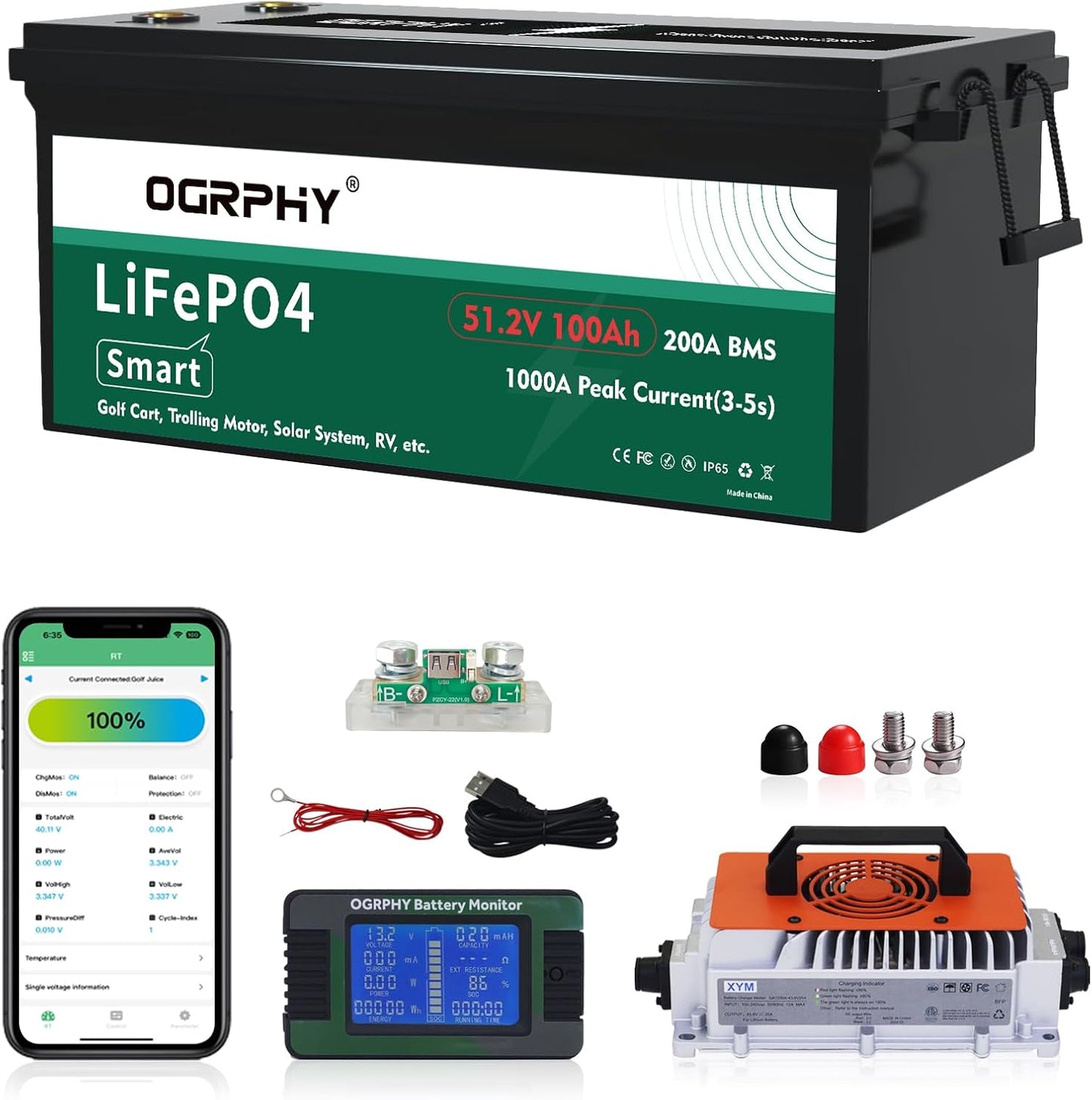 48V Lithium Golf Cart Battery with 200A BMS and Charger
