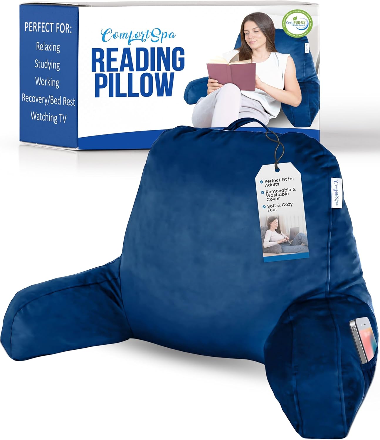 ComfortSpa Reading Pillow for Bed with Arms and Pockets