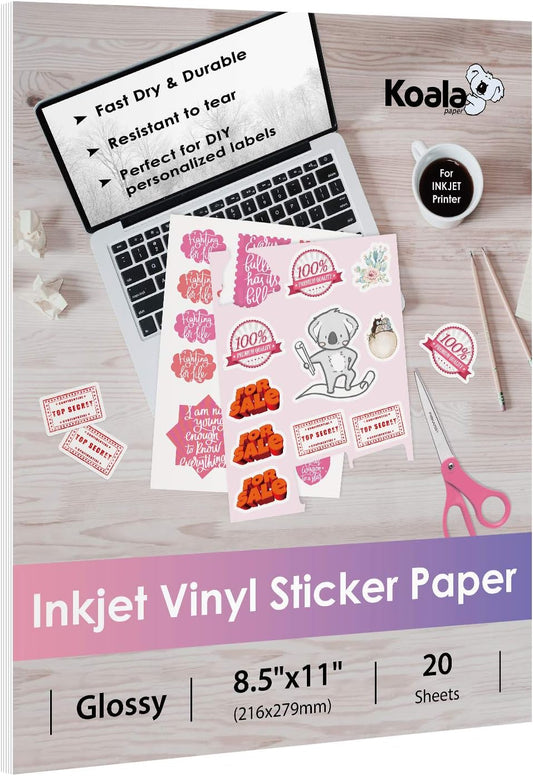 Water-Resistant Glossy Sticker Paper - 20 Sheets by Koala Paper