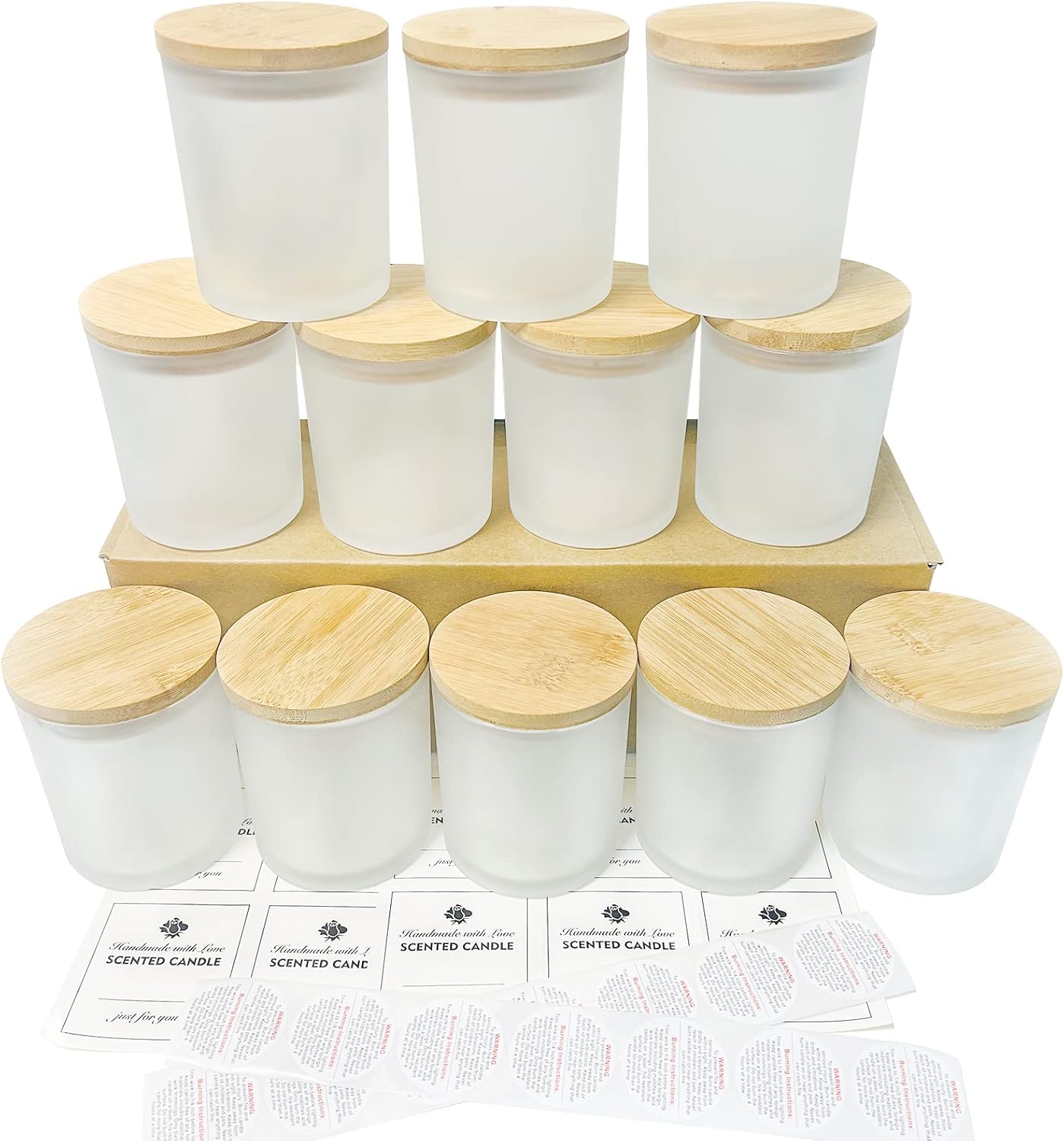 12Pack 10 oz Frosted Glass Candle Jars with Bamboo Lids