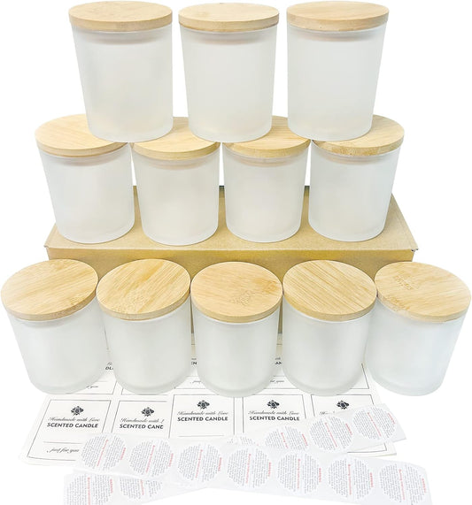 12Pack 10 oz Frosted Glass Candle Jars with Bamboo Lids