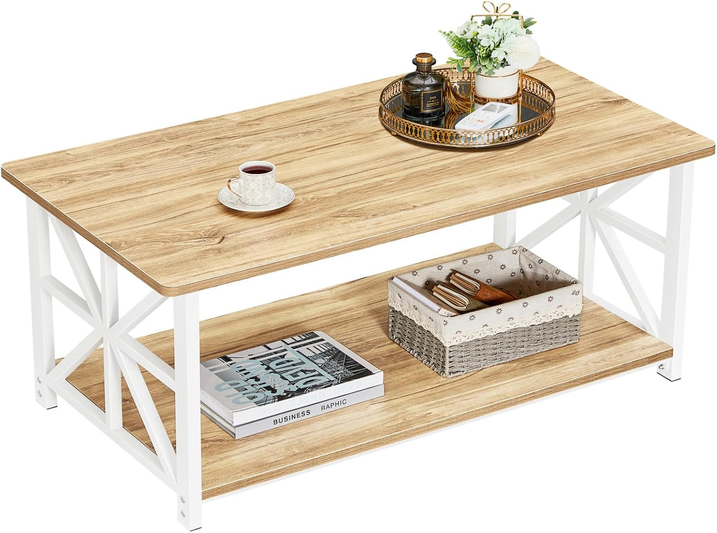 GreenForest Coffee Table with Round Corners and Storage Shelf