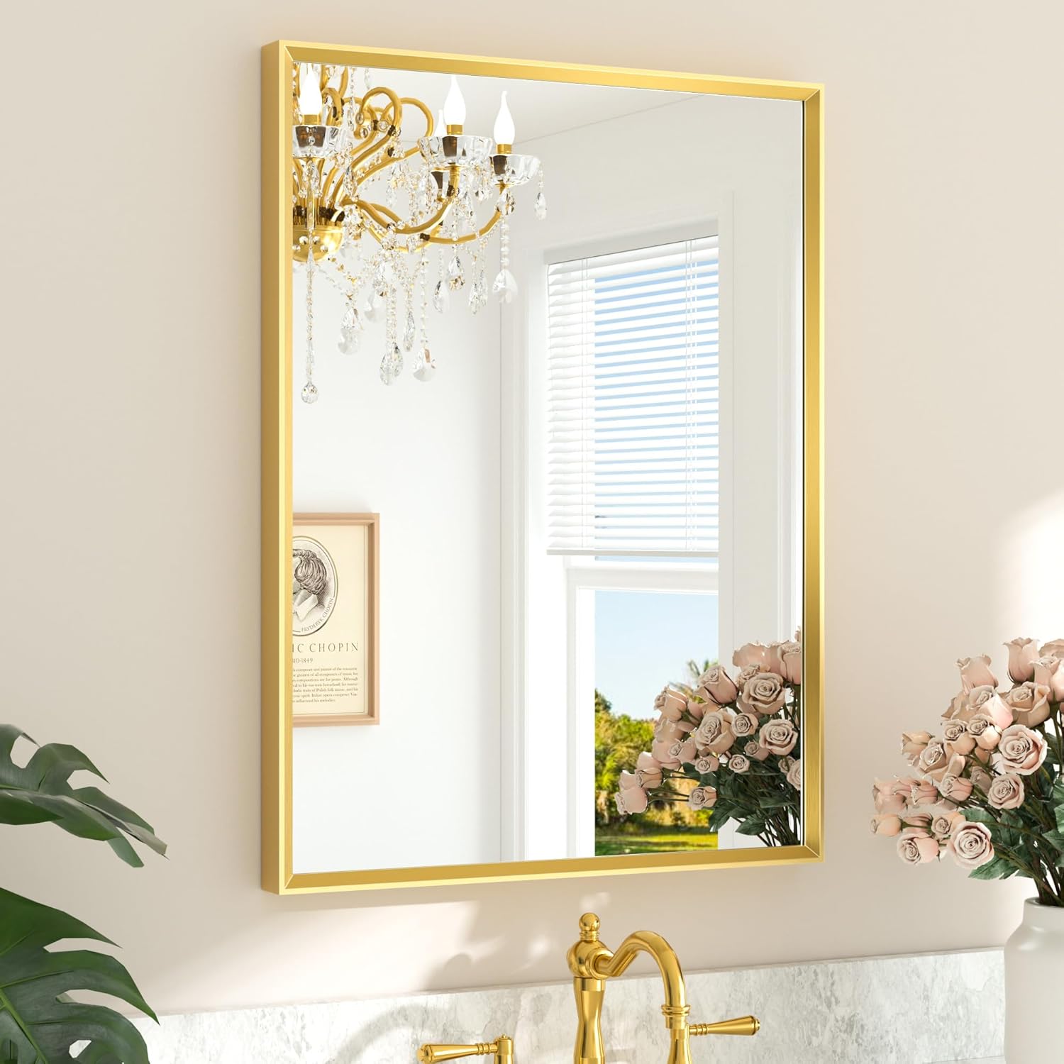 Brushed Gold Bathroom Mirror 24 x 32 with Beveled Frame