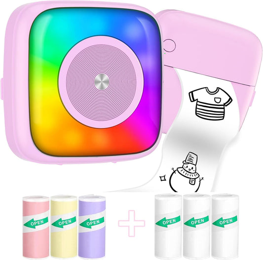 Portable Mini Printer: 7 Color Modes, 6 Rolls Sticker Paper - DIY Scrapbook, Travel, Notes