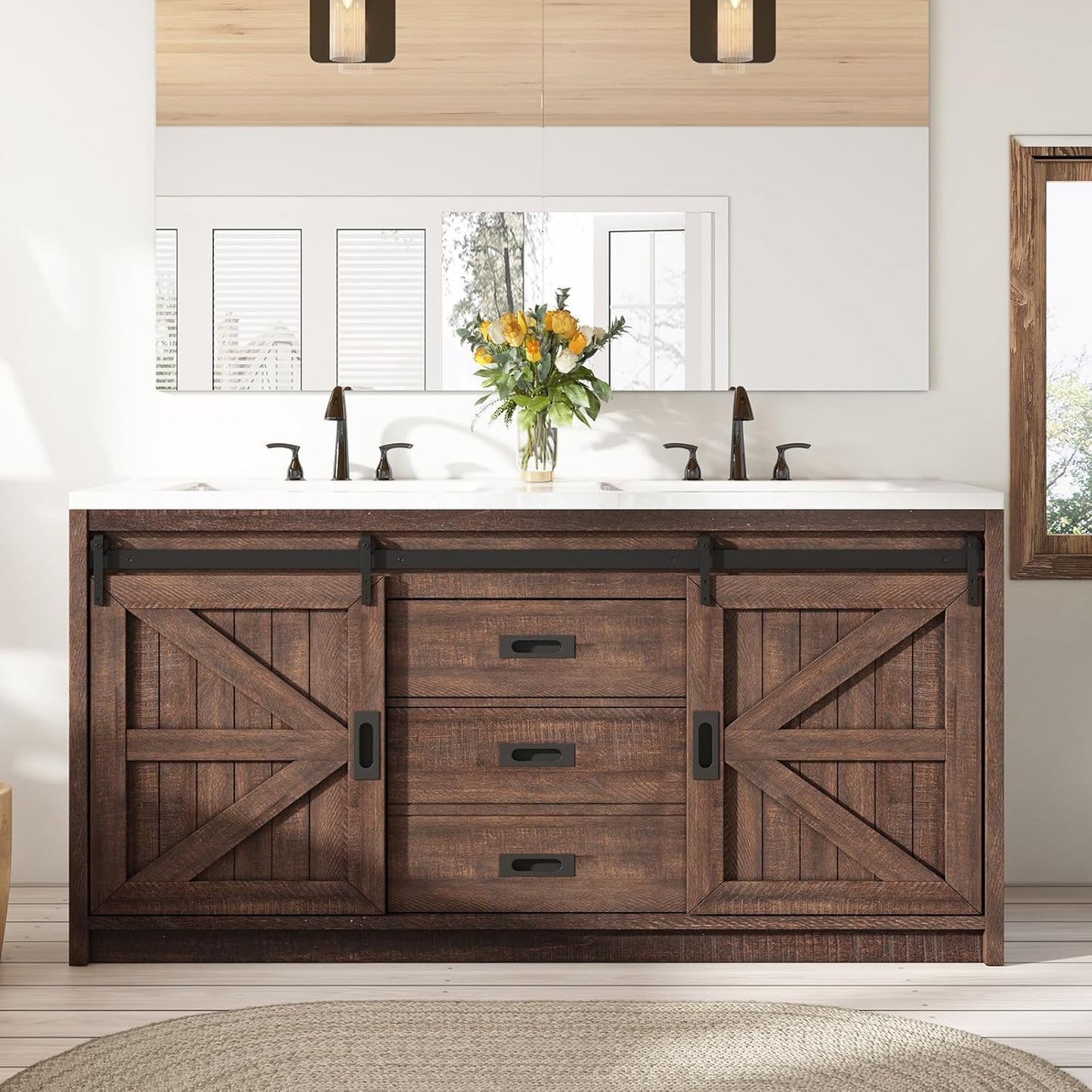 60 Farmhouse Bathroom Double Vanity with Sliding Barn Door