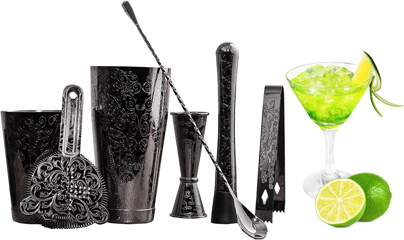 Sky Fish Black Plated Cocktail Shaker Set - 7-Piece Stainless Steel Bar Tools