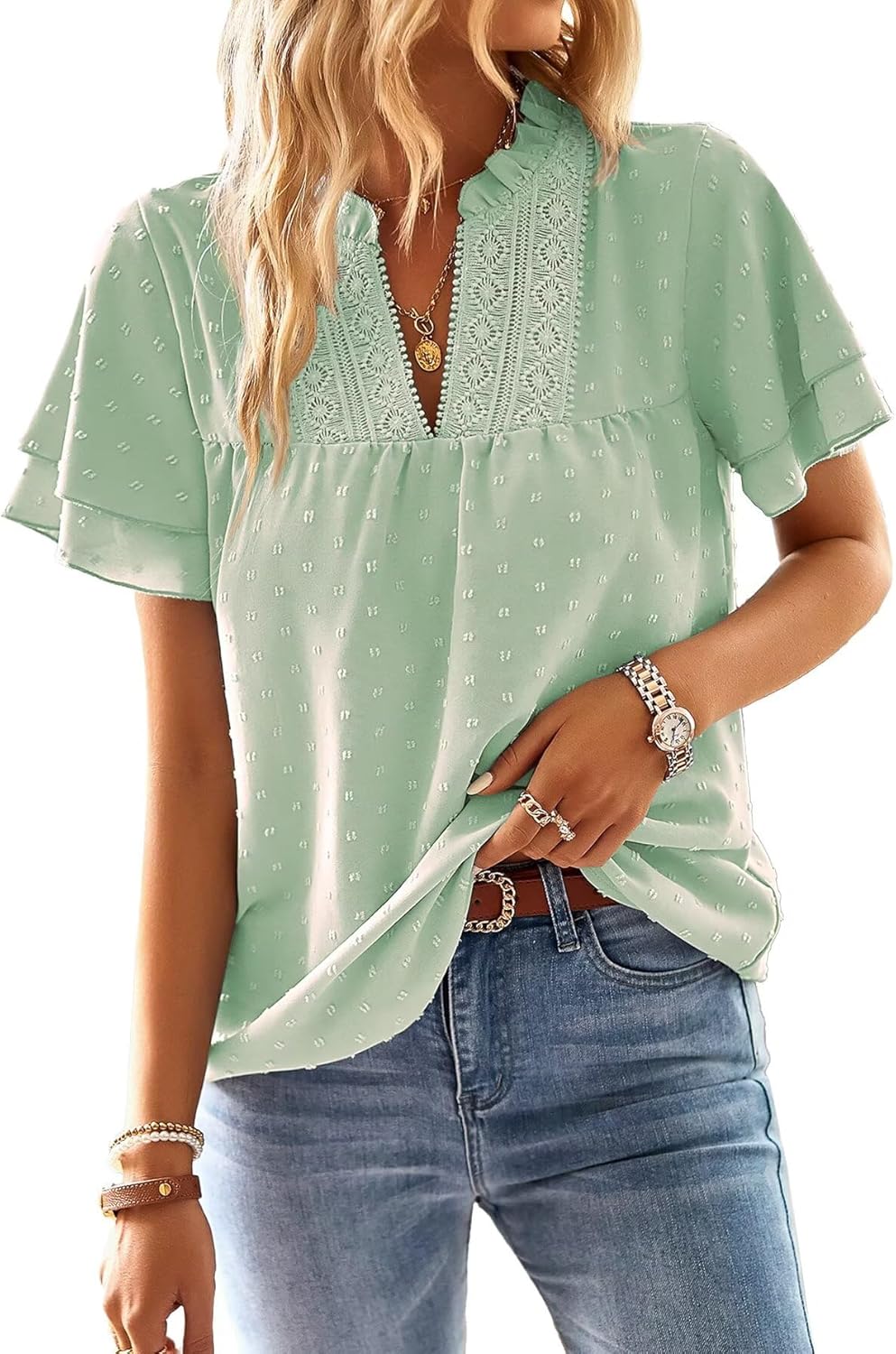 Womens Tops Butterfly Sleeve V Neck Blouses for Dressy Casual Wear