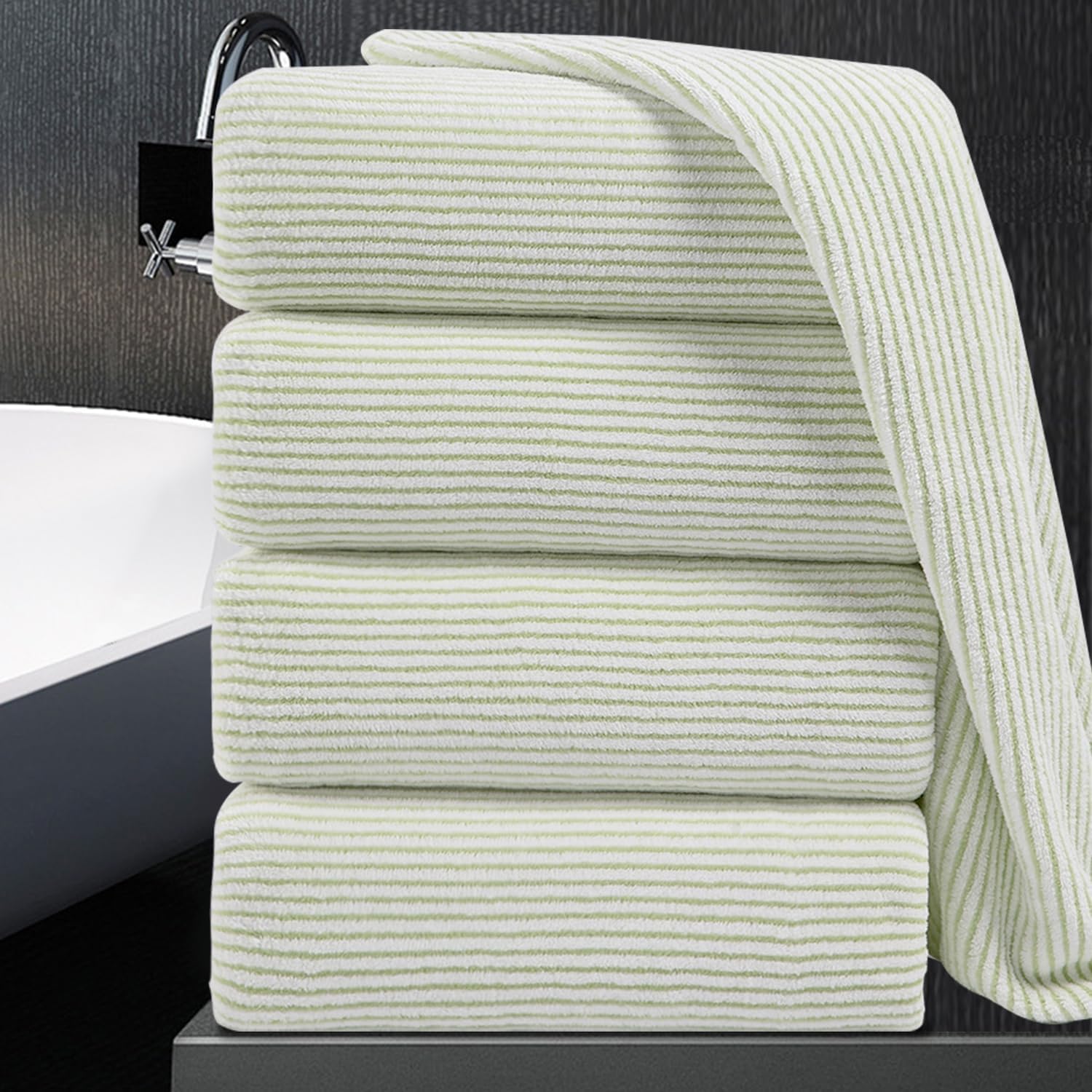 Oversized Bath Towel Set 4 Piece Ultra Soft Fluffy Green White