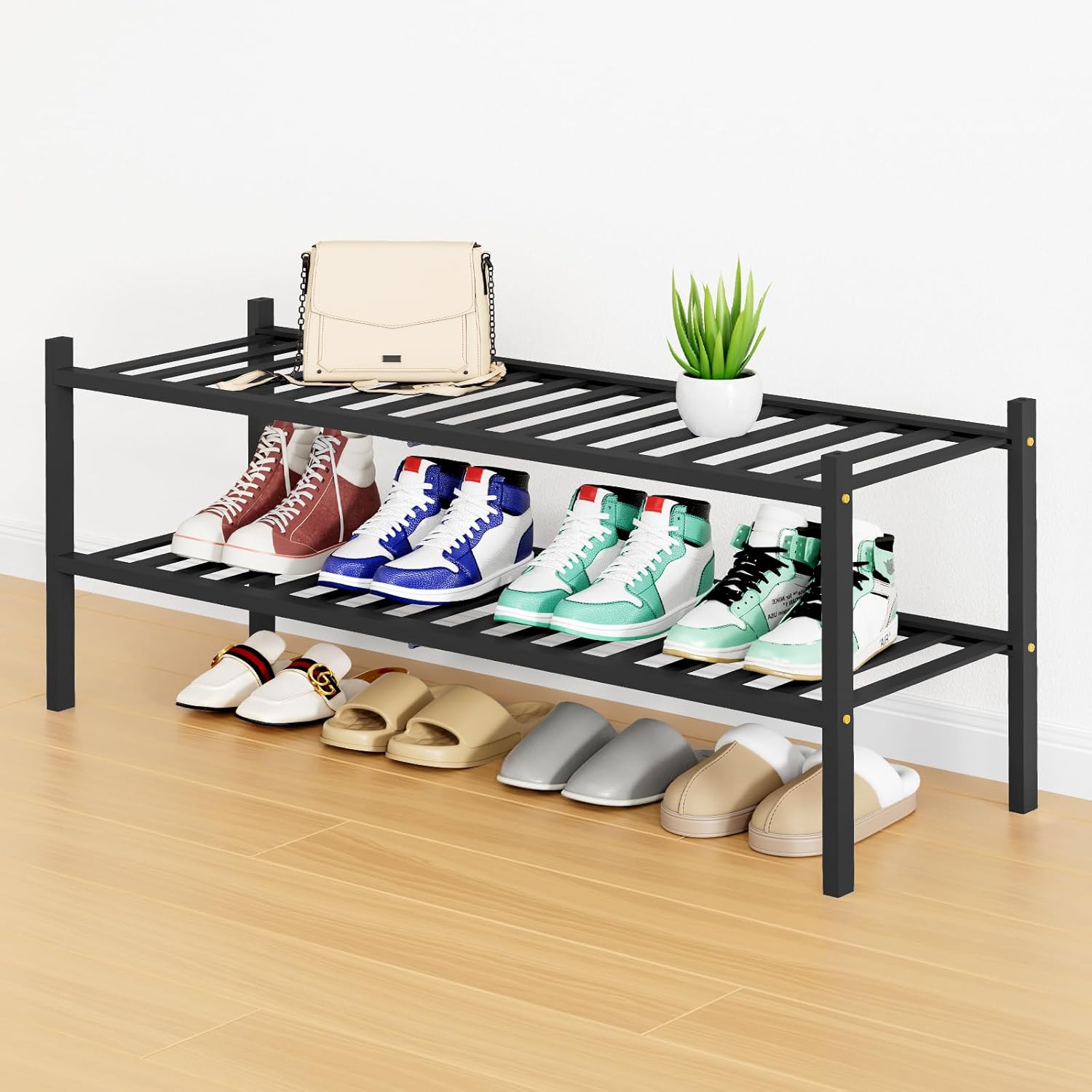 Smiry Shoe Rack 2 Tier Bamboo Organizer for Entryway Storage