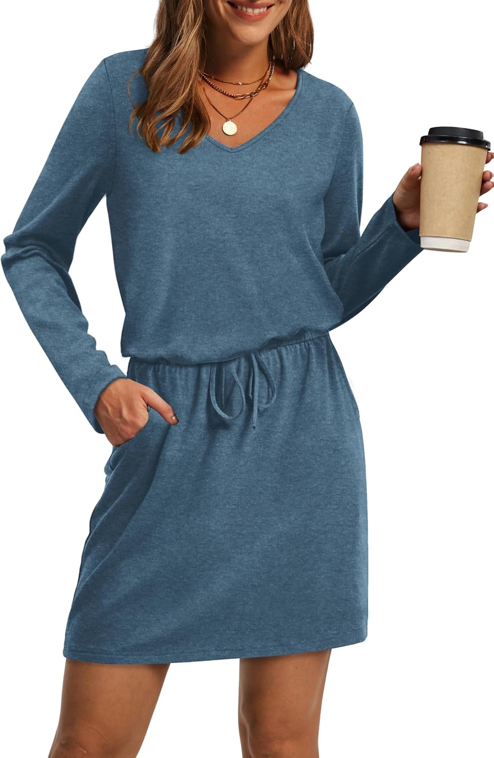 OFEEFAN Fall Dresses for Women with V Neck and Pockets
