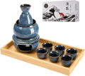 Japanese Sake Set with Warmer 10 pcs - Kiln Altered Blue Porcelain