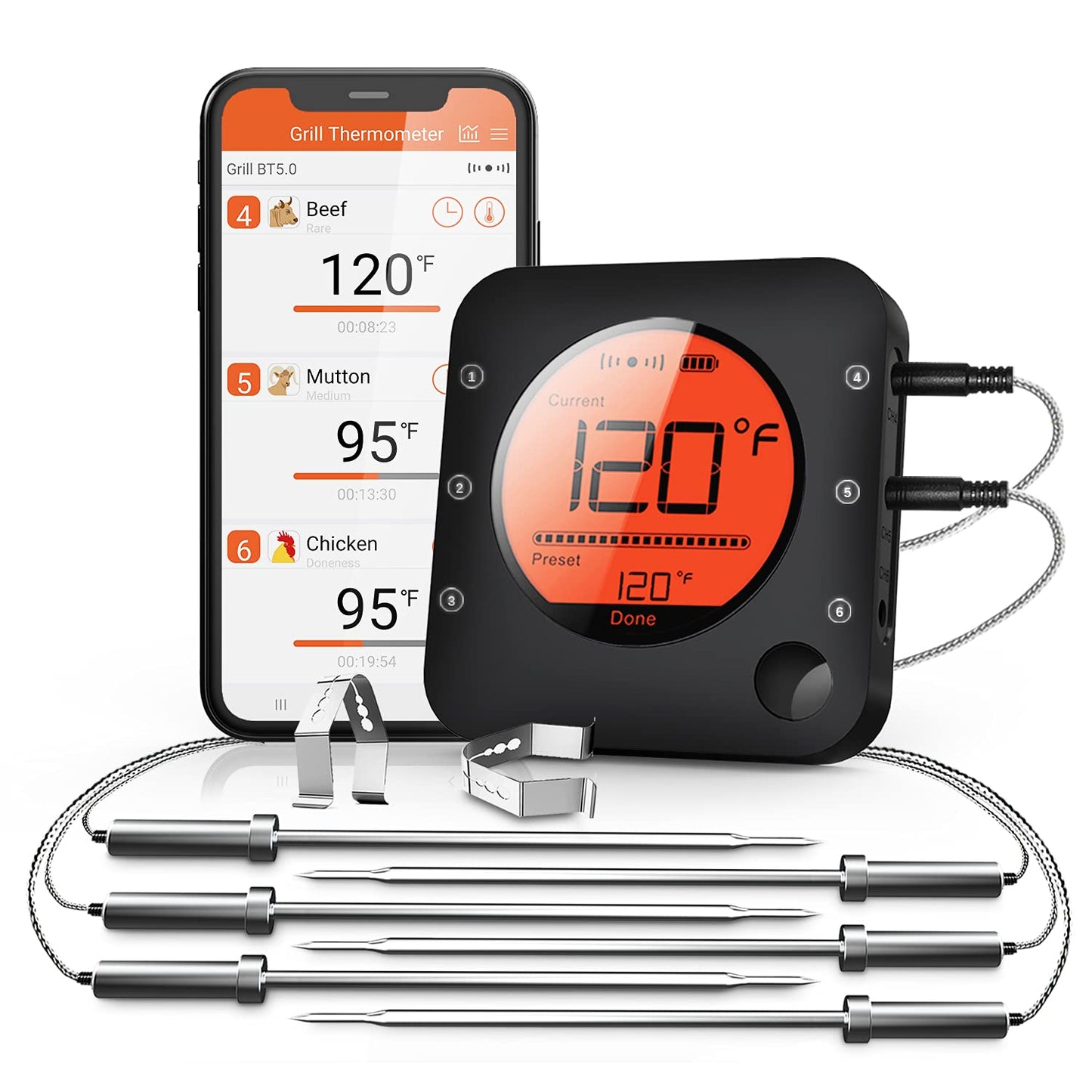 BFOUR Bluetooth Meat Thermometer with 6 Probes for Perfect Cooking