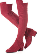 Over The Knee Boots Ruby Red Suede Thigh High - Comfortable Low Heel