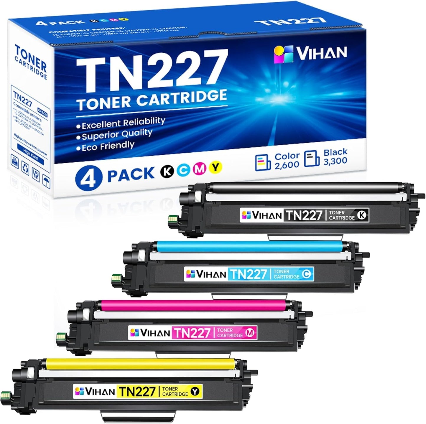 TN-227 High Yield Toner Cartridge 4 Pack for Brother Printers