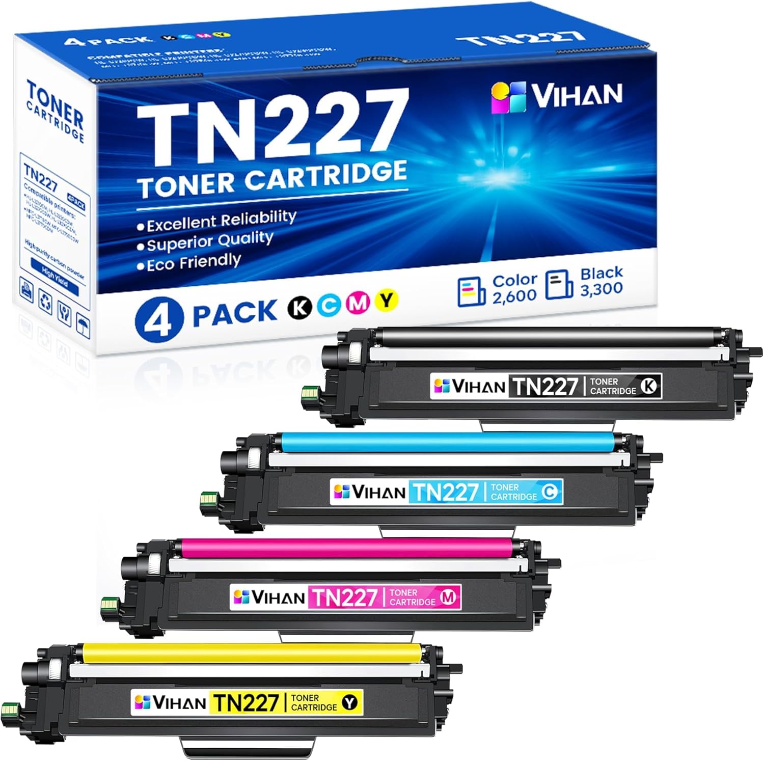 TN-227 High Yield Toner Cartridge 4 Pack for Brother Printers