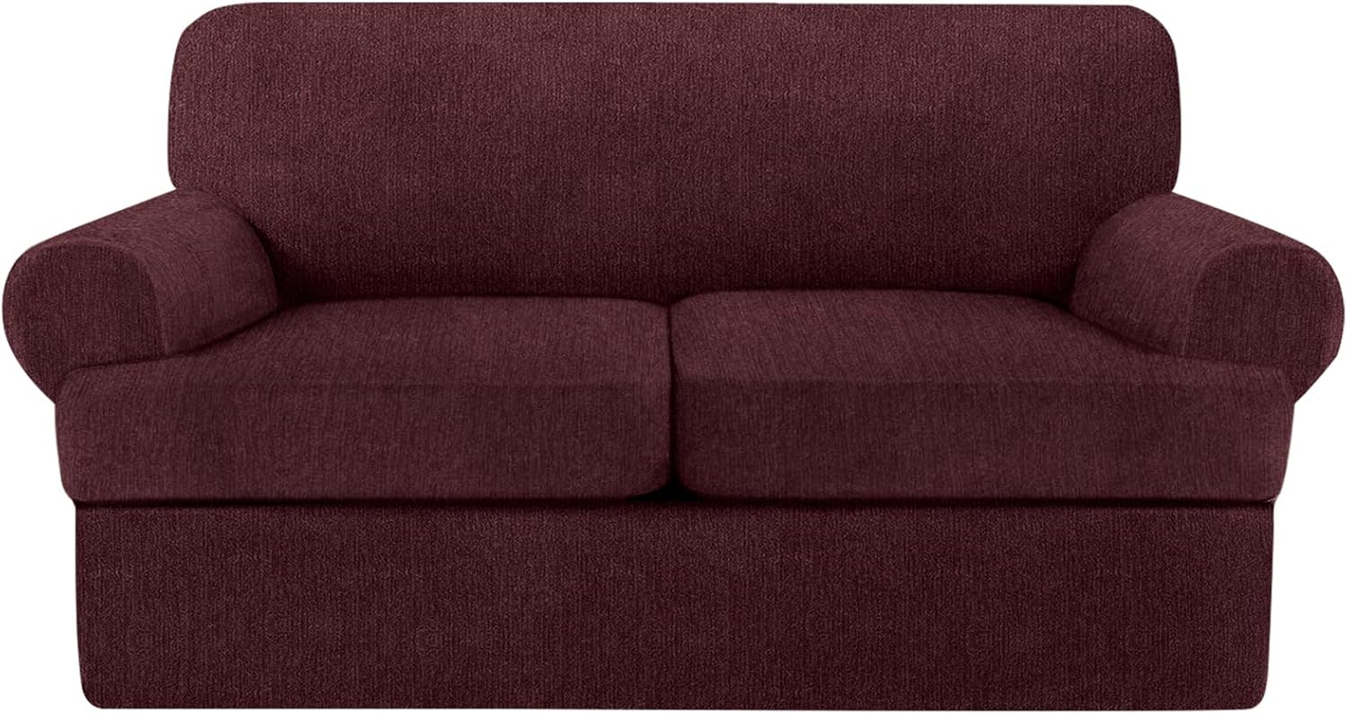 T Cushion Loveseat Slipcover Set for 2 Cushion Sofa in Burgundy