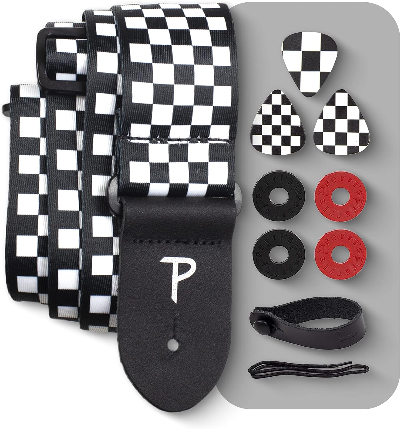 Ultimate Guitar Accessory Bundle - Checkered Strap, Picks, Adaptor, Locks & Shoelace!