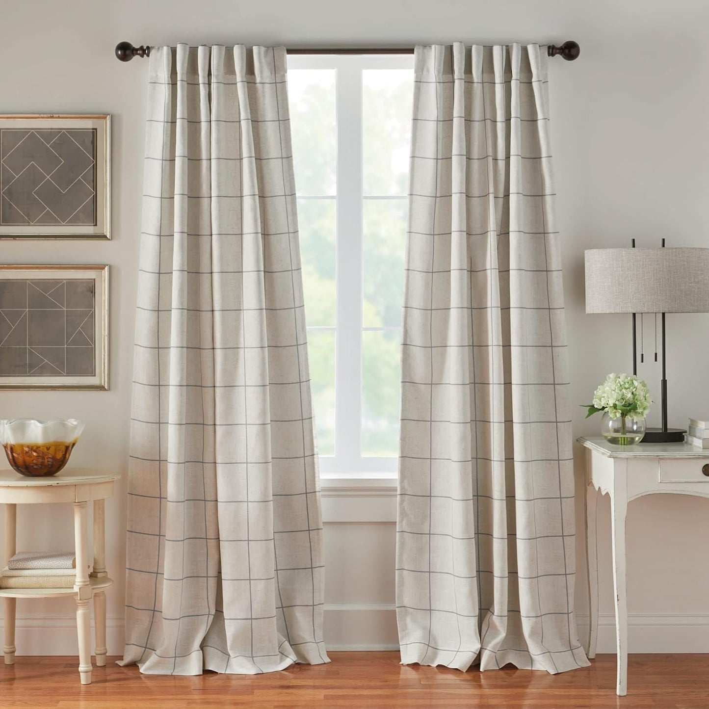 Grey Plaid Blackout Curtain, Rod Pocket Tabs, 52x95