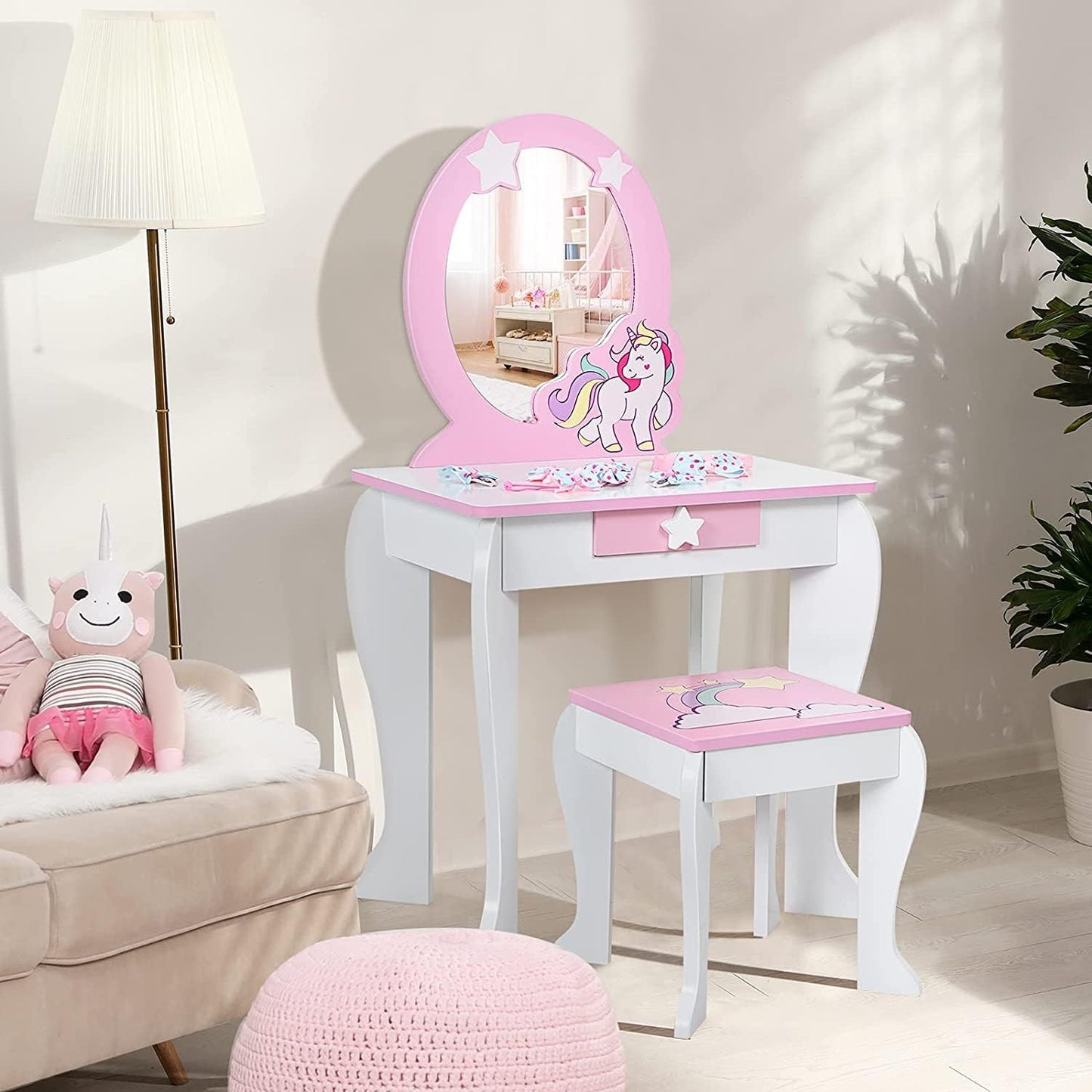 Unicorn Kids Vanity Table with Mirror and Stool for Little Girls