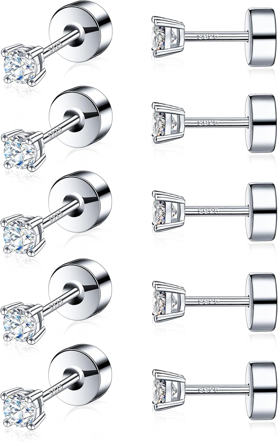 5 Pairs Small Moissanite Flatback Stud Earrings for Men Women