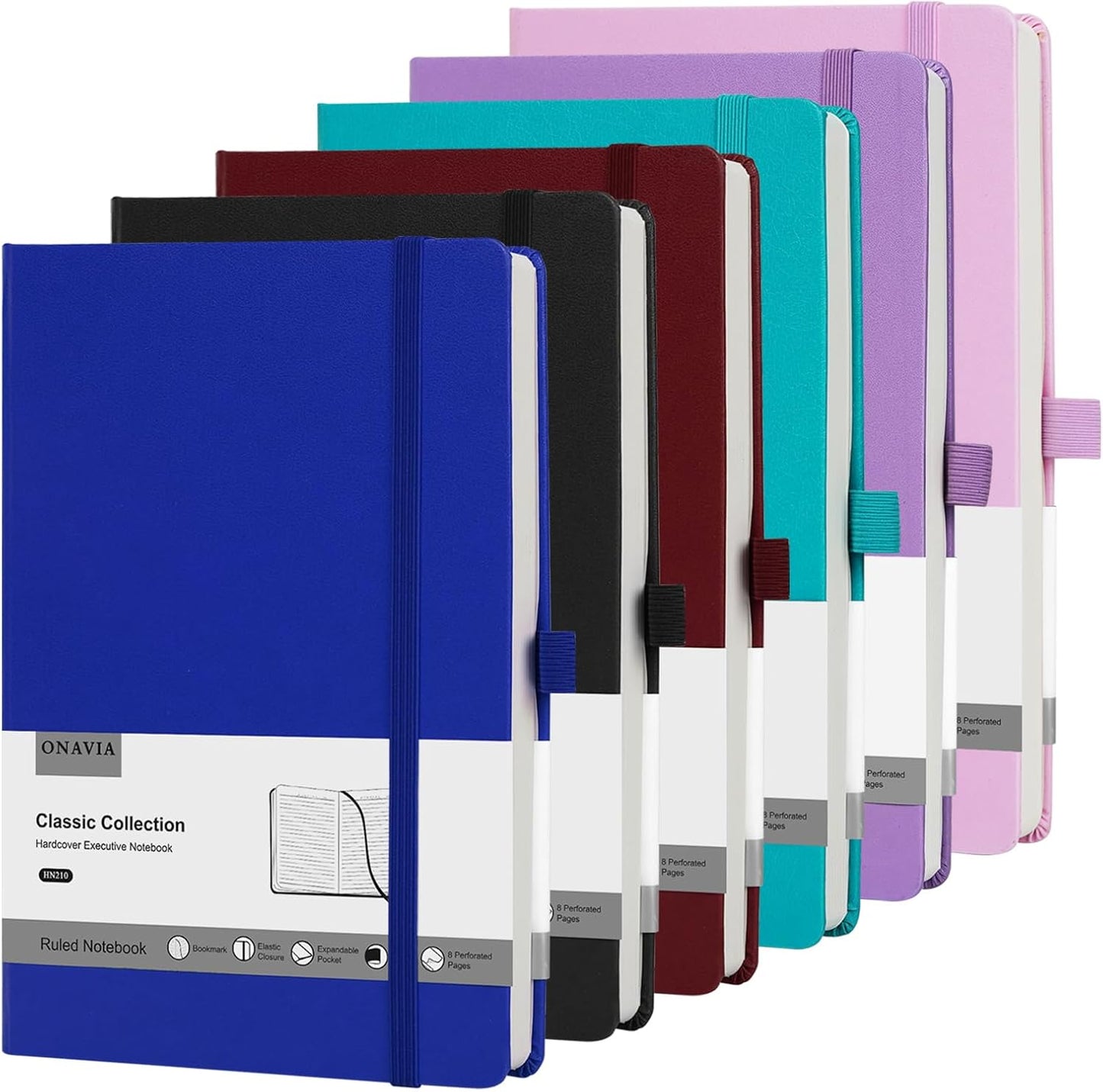 Premium 6 Pack A5 Lined Journals - 100 GSM Thick Paper, Classic Ruled, Hardcover - ONAVIA