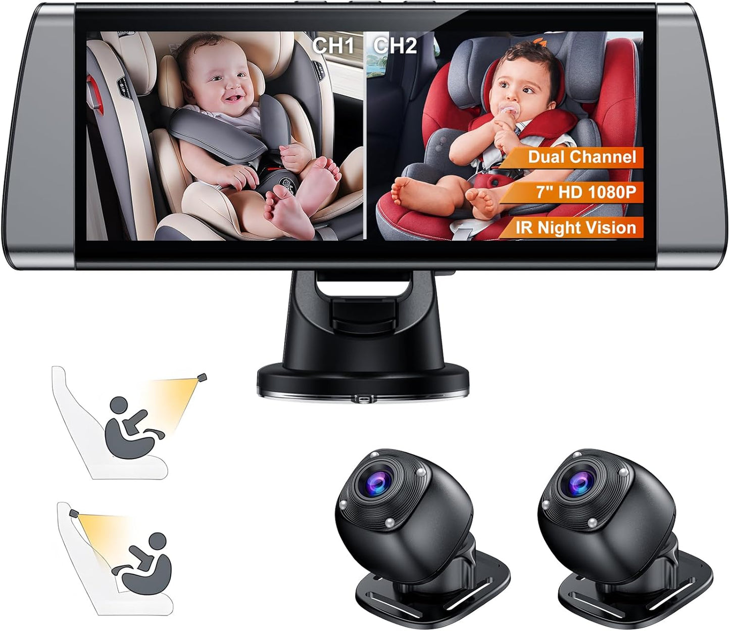 Baby Car Camera for 2 Kids - 7 Inch Split Screen Monitor