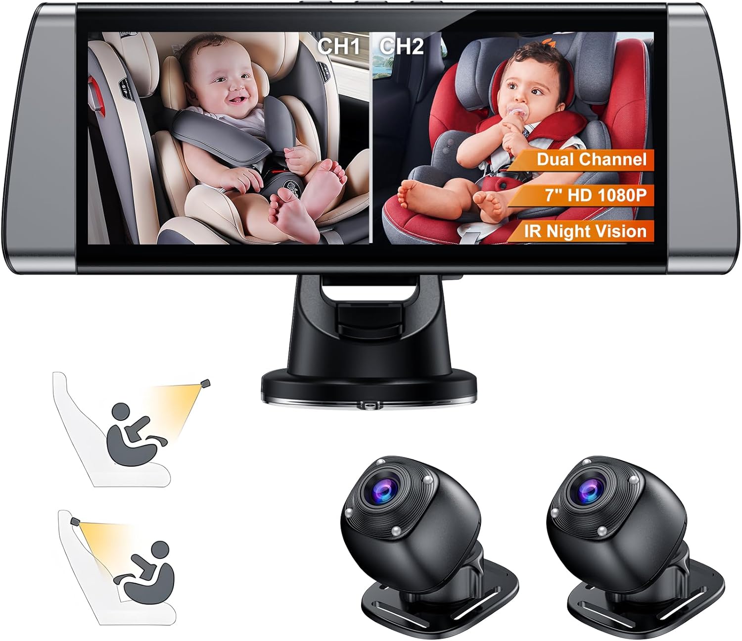 Baby Car Camera for 2 Kids - 7 Inch Split Screen Monitor