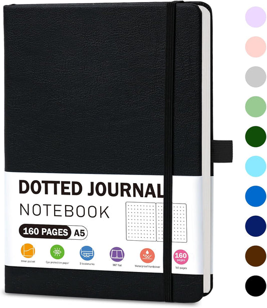 Premium A5 Dotted Journal - 160 Pages, 100gsm Paper, Black Leather